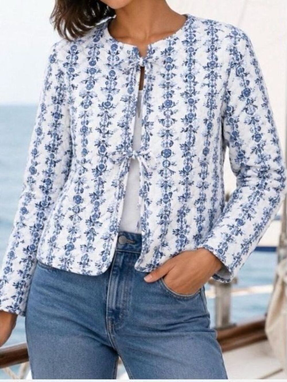 Caroline Constas Bow White & Blue Floral Patchwork Linen Blend Jacket Size L NWT